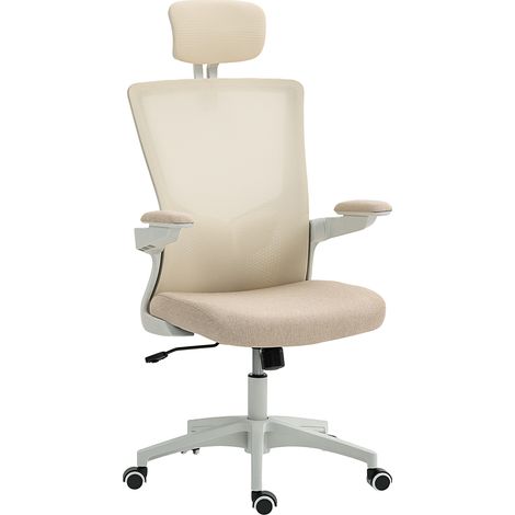 Ergonomischer beigefarbener Bürostuhl mit verstellbaren Armlehnen, Lendenwirbelstütze und Kopfstütze, 60 x 63 x 120 cm