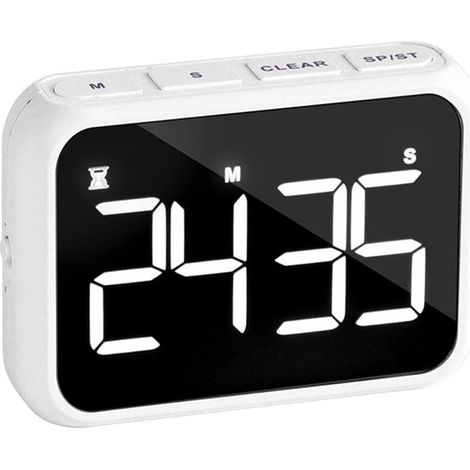 Temporizador digital, despertador LED recargable con cuenta regresiva para cocinar, ducharse y usar en el aula, con soporte, color negro (blanco). (1/5)