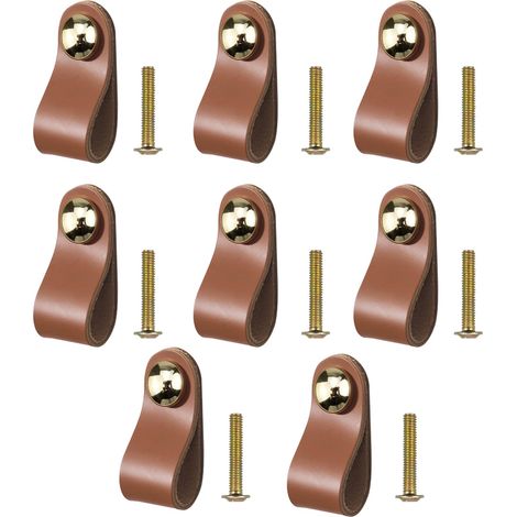 8 Pièces Poignée Meuble Cuir, Bouton de Porte Rétro, Poignee Cuir pour Meubles Cuisine Salle Bain Armoires Cabinet (Marron) (1/4)
