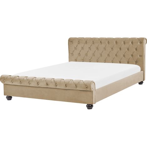 Cama doble tapizada en terciopelo beige 160 x 200 cm con cabecero acolchado estilo glam Avallon