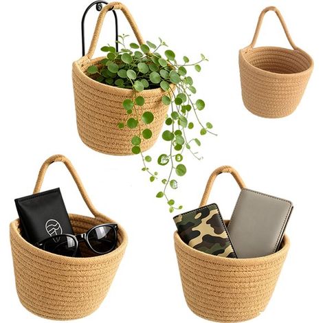 Lot de 3 paniers de rangement - Panier mural suspendu - Corbeille à fruits suspendue - Paniers suspendus tressés - 16 x 12 cm - Marron - Avec poignée - En jute naturel - Idéal pour les petits objets, (1/5)