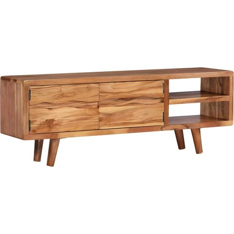 Meuble télé buffet tv télévision design pratique bois d'acacia avec portes sculptées 117 cm (1/5)