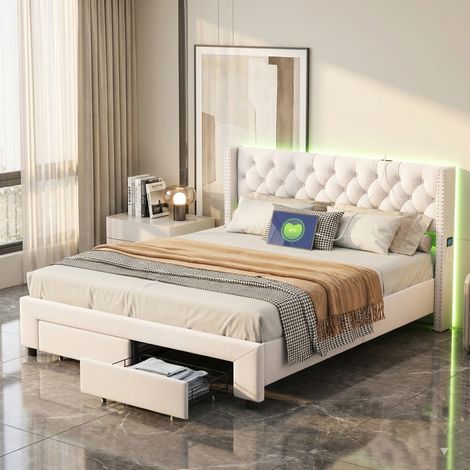 Lit double capitonné 140x190 cm - éclairage LED - fonction de charge USB - 2 Tiroirs - sommier à lattes - velours - Beige - pour adolescents et adultes (1/5)