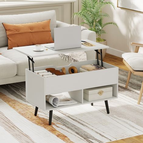 Table Basse Relevable avec 2 Compartiments et Rangement Caché Table de Salon à Pieds en Bois de Pin avec Levage Pneumatique Blanc (1/3)
