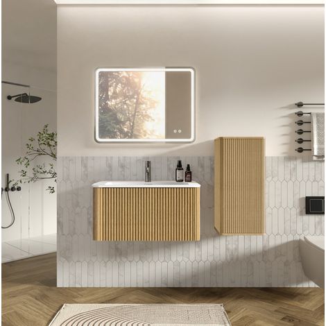 Meuble de salle de bain avec vasque et miroir LED, 80 cm, chêne OKMYHOME (1/5)
