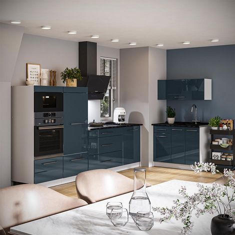 Cocina Fame-Line, Azul oscuro alto brillo/Blanco, 380 cm, ET Antracita, Vicco (1/5)