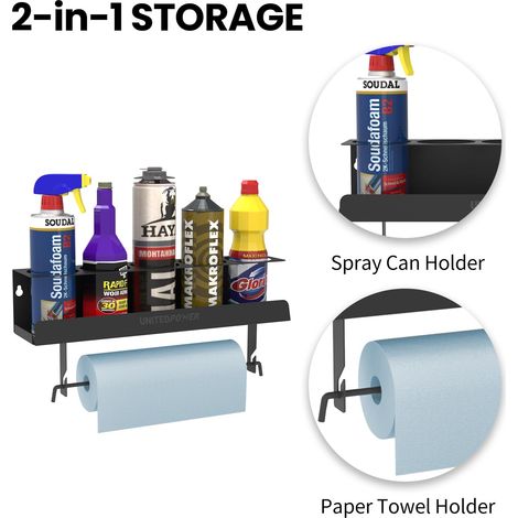 Support mural en acier : rangement pour 5 bombes aérosols et serviettes papier. Organisateur pratique pour garage, atelier et maison. (1/5)
