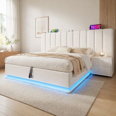CHICFURN Letto contenitore 180x200 cm in PU bianco con LED e USB-C, senza materasso (1/5)