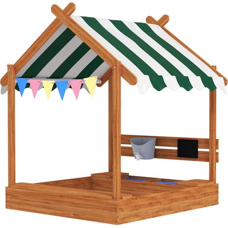 Sandkasten mit Dach, Sandkiste aus Holz mit Sitzplatz, Spielhaus, 124 x 116 x 146 cm Sandbox mit Tafel für 3-7 Jahre Kinder, Garten, Orange Aosom