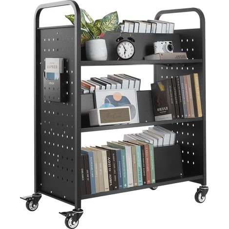 Chariot à Livres, Capacité de Charge 150 kg, Chariot de Bibliothèque, 97x51,5x122,5 cm, Étagère de Rangement Livres Double Face en W avec Roulettes Double Frein, pour Salon, Bureau, École, Noir (1/5)