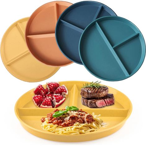 Assiette Plate Incassable,4 PCS Assiette Compartiment Adulte Assiette Ronde Contrôle des Portions Régime Minceur Micro-Ondes et Lave-Vaisselle Assiette pour Adolescent et Adulte (1/5)