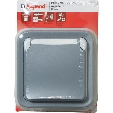 Prise étanche 2P+T 16A + clapet protection IP55 encastré - Plexo - gris - Legrand (1/2)