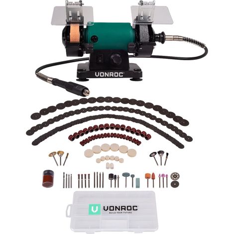 VONROC Amoladora de banco - 150W - 75mm con eje flexible - Incluye 192 accesorios (1/5)