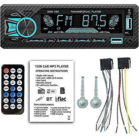 Autoradio 1 DIN avec lecteur MP3 Bluetooth et récepteur FM, télécommande, entrées auxiliaire/USB/carte TF, intégré au tableau de bord. (1/5)