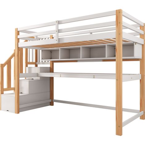 Cama alta infantil con escritorio integrado y estantes 90 x 200 cm blanco y roble (1/5)