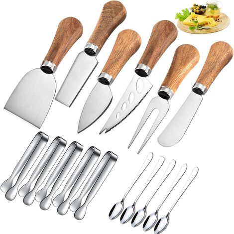 Ensemble de 21 pièces d'accessoires pour planche à charcuterie - Couteau à étaler fromage beurre avec manches en bois - Mini pinces de service, cuillères, fourchettes, cure-dents et drapeaux (1/5)