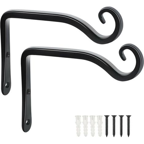 Juego de 2 ganchos decorativos de hierro forjado para colgar en la pared, color negro, para jardín, con tornillos para plantas, comederos para pájaros y faroles. (1/4)