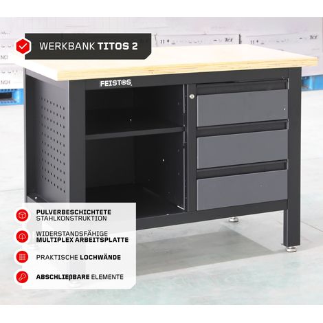 FEISTOS Werkstatteinrichtung Werkbank Titos 2 inkl. Lochwand Anthrazit/Schwarz 120x60x87 cm