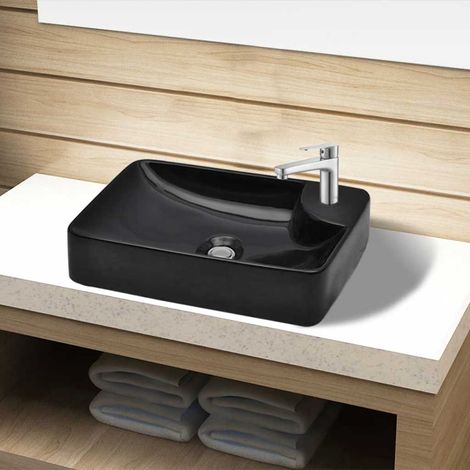 vidaXL Vasque à trou pour robinet céramique Noir pour salle de bain (1/4)