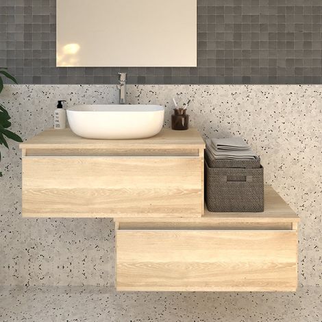 Meuble de salle de bain 2 tiroirs avec vasque à poser arrondie sans miroir - bambou (chêne clair) - PENA - 120cm (1/5)