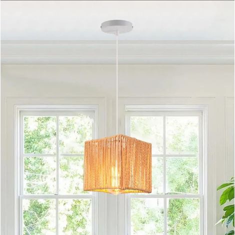 Suspension Luminaire Industriel,Lustre Vintage en Rotin et Métal Abat-jour Design Carré E27 Plafonnier pour Salon Chambre (1/5)