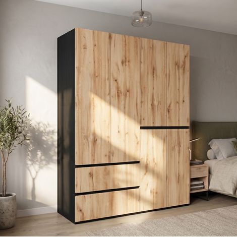 Armoire penderie 6 portes 180x50x200 cm MDF chêne artisan blanc avec 5 tiroirs - CHICFURN (1/5)