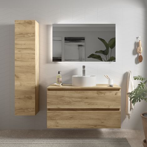 Cygnus Bath – Meuble bas de salle de bain 100cm chêne – Tiroirs à fermeture amortie – MDF résistant à l'humidité – Plan de toilette sans perçage (1/5)