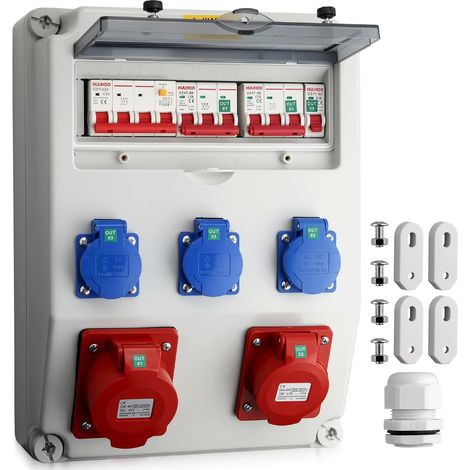 Coffret Électrique de Chantier IP66 avec 3 Prises Schuko+1 CEE 16A/32A et Disjoncteur FI+LS,Coffret Chantier Répartiteur Mural Etanche,Distributeur de Courant pour Extérieur,Jardin(type-F) (1/5)