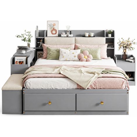 Lit combiné 140 x 200 cm avec tête de lit rembourrée, rangements intégrés, 2 tiroirs, banc et chevet, bois gris pour chambre adulte gain de place au style moderne - CHICFURN (1/5)