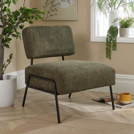 Boucle Accent Chair Black Metal Legs Olive Modern Home Living Seating Furniture