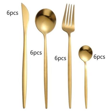 set couverts de table 6 personnes dorés, ensemble de couverts inox 24 pièces, Comprend des couteaux/fourchettes/cuillères, fini mat et lavable au lave