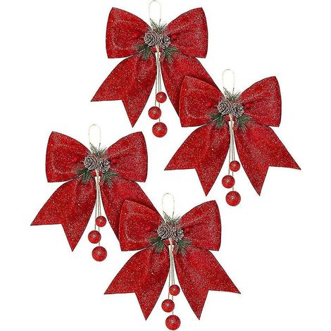 Décorations de Noël : nœuds décoratifs (lot de 4), nœuds rouges pour couronne de Noël, grand nœud pour sapin de Noël, nœud pailleté. (1/5)