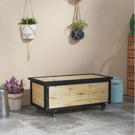 Cassapanca da giardino 100x50x43 cm legno naturale in legno con ruote e struttura resistente (1/5)