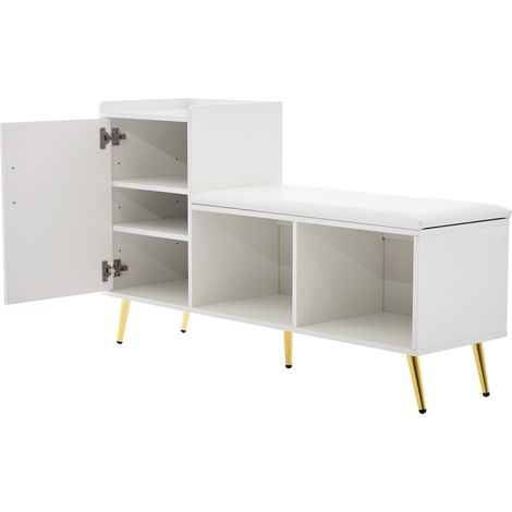 Meuble à chaussures blanc laqué brillant avec siège rembourré et étagères réglables, rangement 5 paires, pour entrée et couloir (1/5)
