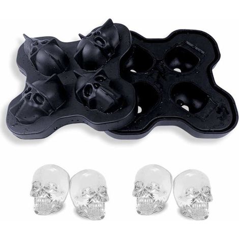 Bac Glaçons Couvercle Moule Silicone Tête de Mort 3D 4 Cavités, Whisky Cocktail Halloween Aucunely (1/5)