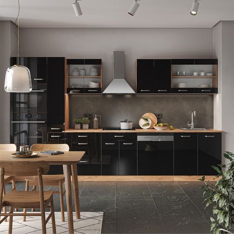 Cucina componibile R-Line, Nero lucido, 350 cm con armadio alto, PL Rovere, Vicco