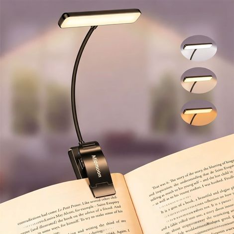 Lampe de lecture à pince Gritin (19 LED) – Rechargeable et protectrice pour les yeux Intensité variable en continu et 3 couleurs (ambre/blanc/mixte), bras flexible à 360°, longue autonomie. (1/5)