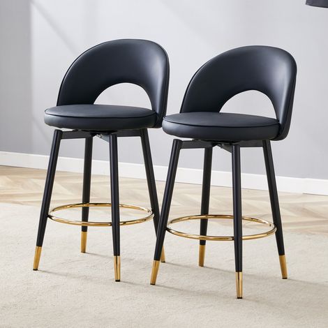 Tabourets de bar pivotants 360° noirs lot de 2, assise polyuréthane rembourrée, pour cuisine salle à manger terrasse 44x44x91,5cm (1/5)