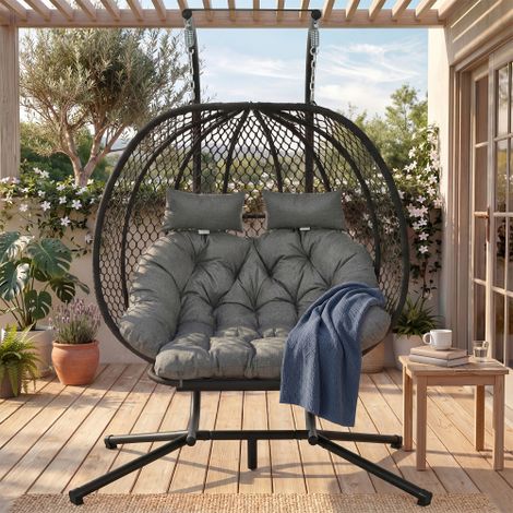 Fauteuil à bascule en forme d'œuf, fauteuil suspendu avec support, fauteuil suspendu de jardin, coussin d'assise et oreiller, repose-pieds, extérieur/intérieur, fauteuil à bascule double (1/5)