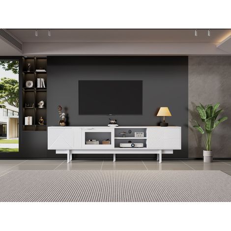 Meuble TV moderne 200x40x50,5cm 2 portes 2 tiroirs grand rangement charge 45 kg adapté TV 80 pouces blanc. (1/5)