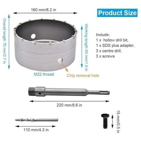 NALOOKAMIC 160mm Scie à Cloche Bi-Metal pour Carrelage Beton, Scies Cloches Carotteuse Trépan Beton, avec Adaptateur SDS Plus 220 mm et 3 Foret de Centrage 110 mm (160MM),