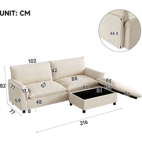 Canapé d'angle modulable Cloud, canapé confortable pour le salon, design moderne avec assise profonde, canapé Cloud surdimensionné, avec repose-pieds amovible, dossier haut, beige, dimensions : L 216  (1/4)