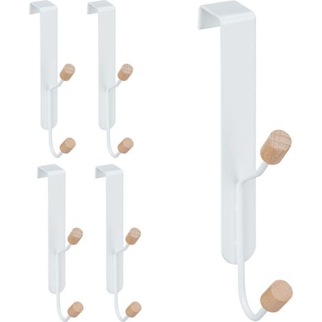 Relaxdays Türhaken 5er Set, skandinavisch, Doppelhaken Tür, Eisen & Holz, Türgarderobe HxBxT: 16 x 2 x 7 cm, weiß/natur