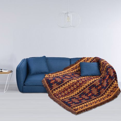 Plaid/tapis/couverture double face en coton tissé avec pompons décoratifs pour canapé/lit (1) (1/5)