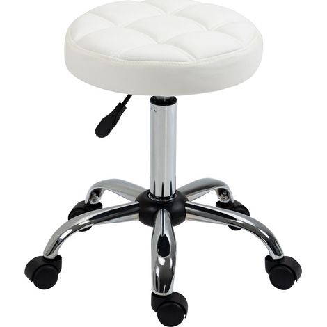 Tabouret roulant réglable en hauteur pivotant en cuir régénéré blanc, siège rembourré à roulettes pour salon, studio ou cuisine, compact, 120 kg - CHICFURN (1/5)
