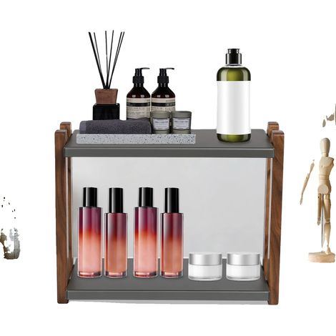 Organizador de maquillaje, madera y acero al carbono, diseño de 2 niveles, antideslizante, resistente a la corrosión, uso versátil. (1/5)