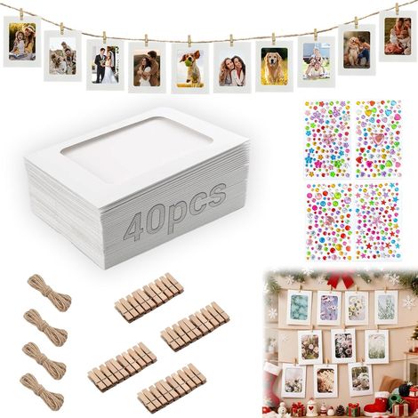 40 pièces guirlande photo complète : cadres carton 10x15 cm, 40 clips bois, 4 cordes jute, 476 strass autocollants pour déco murale (1/5)