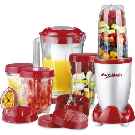 GOURMETmaxx Mr. Magic Mixer  Smoothie Maker con set di accessori XXL  Frullatore da 18 pezzi  Frullatore con coperchi salvafreschezza a tenuta stagna  Food Processor per frullati, smoothies ecc. (1/5)