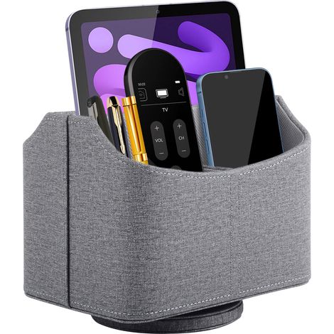 Organizador de escritorio giratorio de 360° para mandos a distancia, de piel sintética, 5 compartimentos, multifuncional, para mesita de noche, escritorio o portalápices, color gris.
