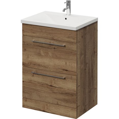 Napoli 460 Tobacco Oak 600mm 2 Drawer Vanity Unit with Glide Basin - 600mm - Chrome 320mm Handle